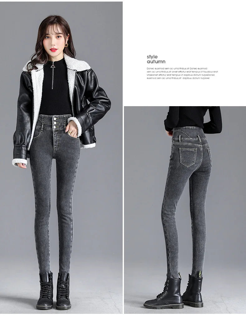 Thermische Winter Dicke Fleece High-taille Warme Dünne Jeans Dicke Frauen Stretch Taste Bleistift Hosen Mom Casual Samt Jeans.