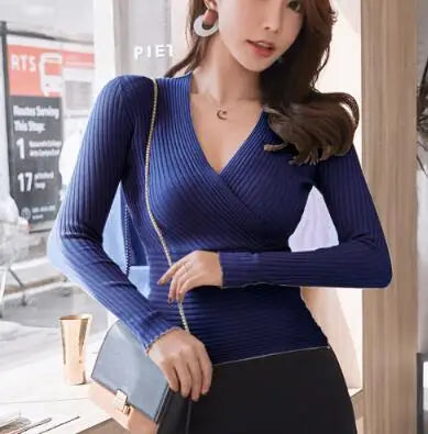 Kurze Grundlegende Pullover Frauen 2023 Sexy Tiefem V-ausschnitt Pullover frauen Pullover Schlank Bodenbildung Pullover Weibliche Elastische Baumwolle Tops