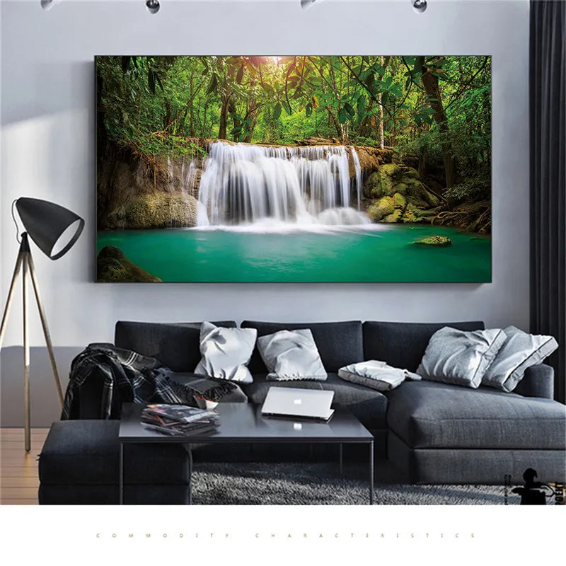 Prints Canvas Posters Home Decor Landscape Natural Waterfall Paintings Wall Art Scenery Picture Waterfall Modular Living Room.