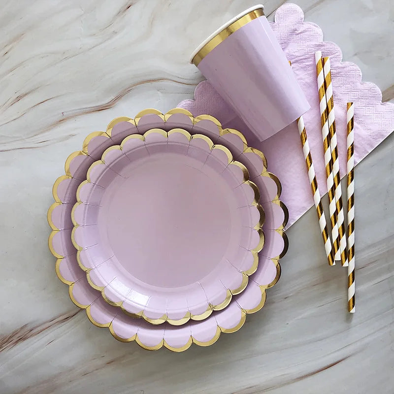 Gold Disposable Tableware Sets Purple Party Paper Cup Plates baby Shower  Birthday Party Supplies Carnival Wedding decor Favors.
