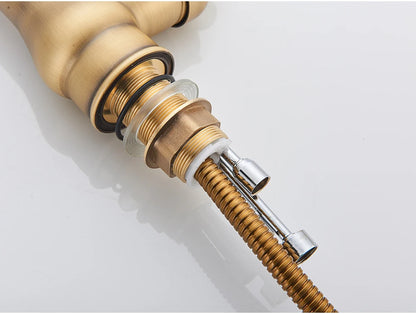 POIQIHY Antique Brass Kitchen Faucet Pull Out Bathroom Kitchen Mixers Single Handle Pull Down Cold Hot Water Tap Deck Mounted