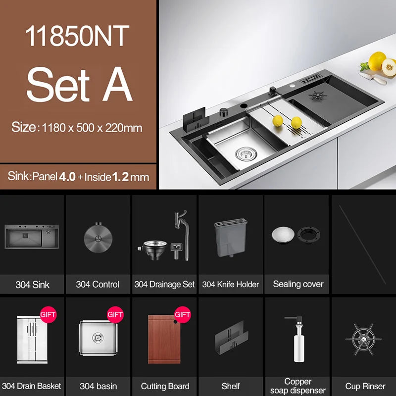 ASRAS New Nanometer Large Size Single Cup Rinser Kitchen Sink 4mm Thickness 220mm Depth With Drain Plate Knife Holder Sinks