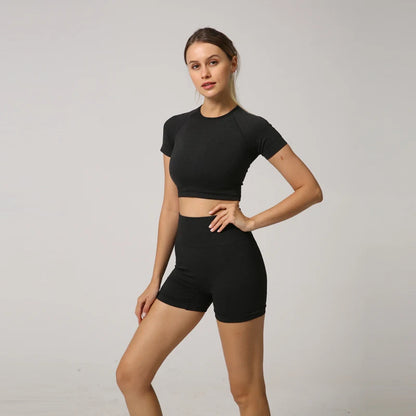 Seamless Women Yoga Set Crop Top Short Sleeve Shirt Fitness Shorts Workout Clothes For Women Gym Clothing Yoga Sport Set.