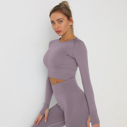 Seamless Athletic Crop Top Woman Sports T-shirts Yoga Top Knitted Shirt Long Sleeve Workout Tops For Women Fashion Gym Clothes