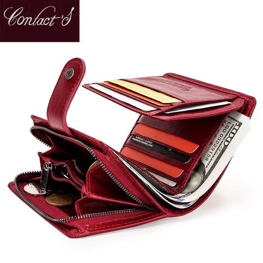 Contact'S Genuine Leather Wallets Women Men Wallet Short Small RFID Blocking Card Holder Wallets Ladies Red Coin Purse.