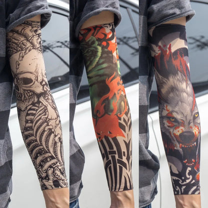3PCS/lot new mixed 100%Nylon elastic Fake temporary tattoo sleeve skull wolf totem dragon designs body Arm stockings cool men