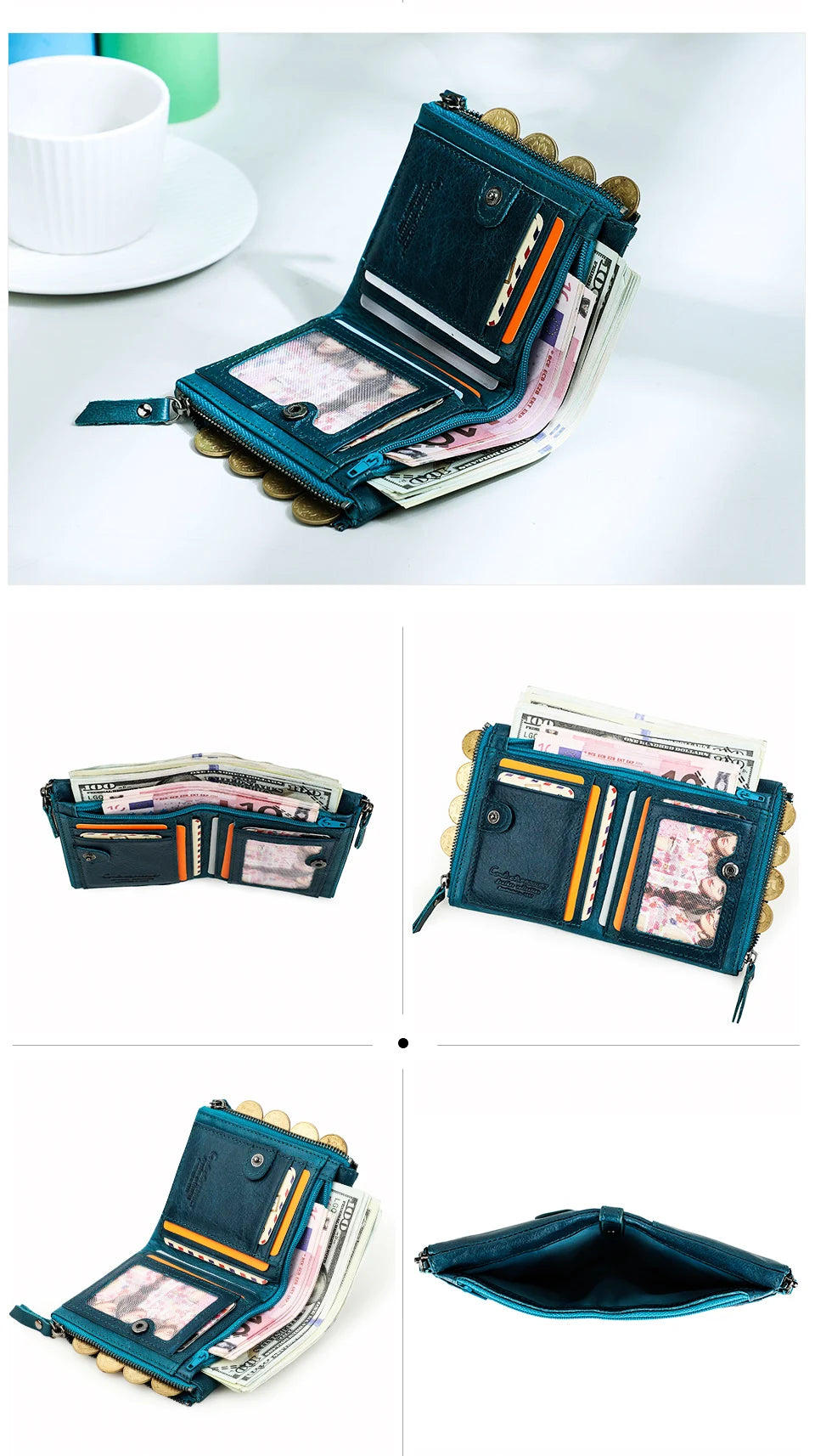 CONTACT'S Genuine Leather Short Wallets for Women Luxury Designer Coin Purse Female Money Clip Card Holder Customize Men Wallets.