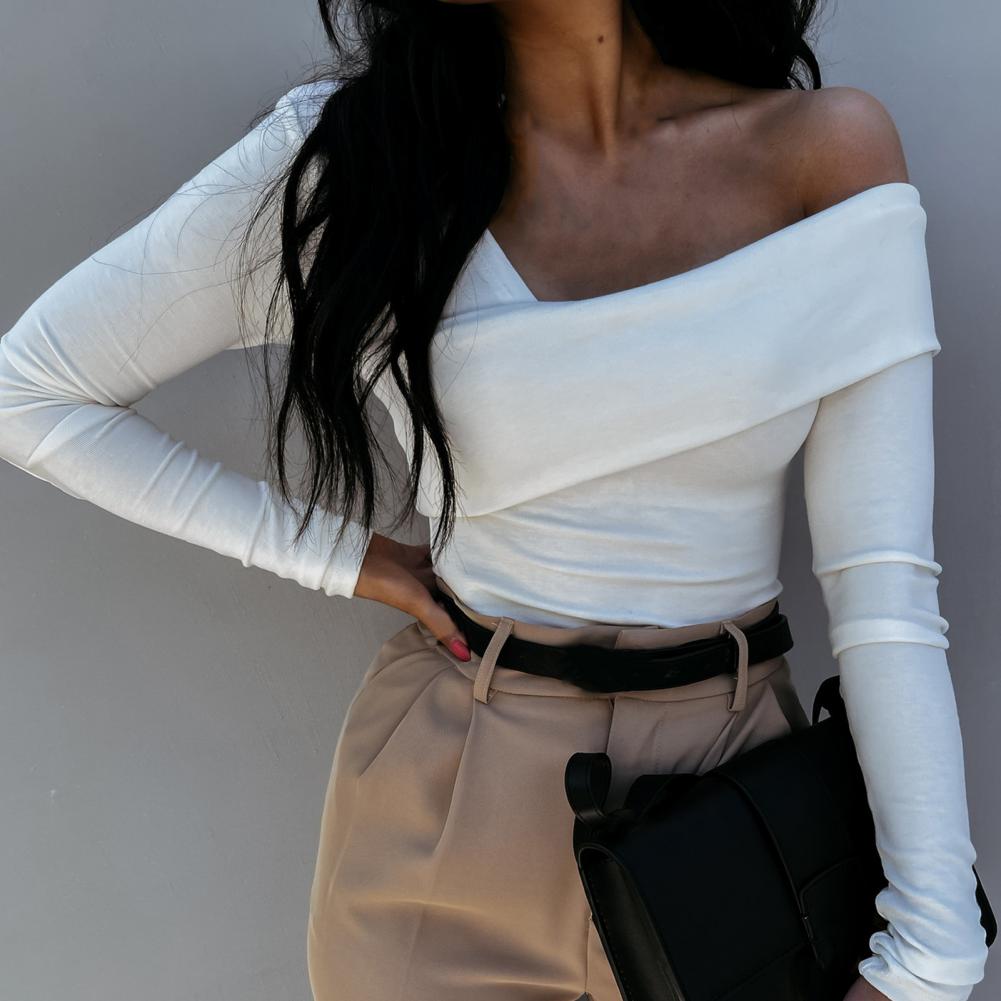 Women Autumn Winter T shirt Off Shoulder Oblique Neck Strapless Backless Long Sleeve Solid Color Ladies Slim Shirt femme.