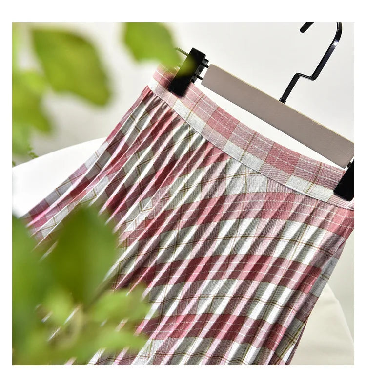 Looks Thin Pleated Skirt 2025 New High Waist A-line Skirt Mid-length Big Size Plaid Skirt Long Pleated Skirt Length 75-90cm