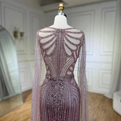 Taupe Cape Sleeves O Neck Beaded Evening Dresses Serene Hill LA70638 Mermaid Party Wear Gowns for Women.