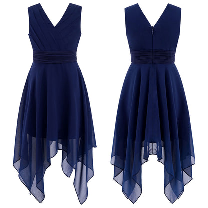 Blumenmädchen-Chiffonkleid mit floraler Spitze, Sommer, ärmellos, hoher, niedriger Saum, formelles Hochzeitskleid für Brautjungfer, Junior, Prinzessin