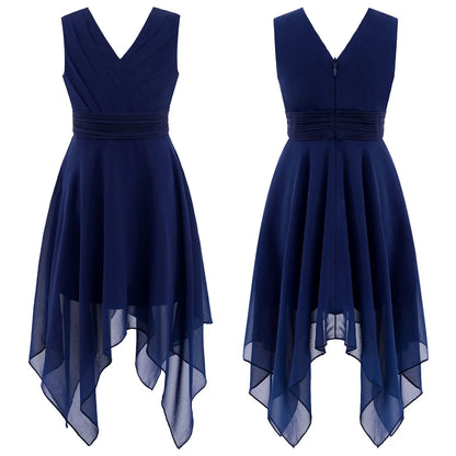 Blumenmädchen-Chiffonkleid mit floraler Spitze, Sommer, ärmellos, hoher, niedriger Saum, formelles Hochzeitskleid für Brautjungfer, Junior, Prinzessin