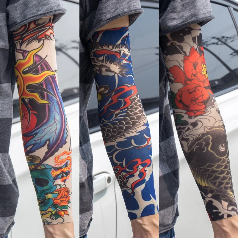 3PCS/lot new mixed 100%Nylon elastic Fake temporary tattoo sleeve skull wolf totem dragon designs body Arm stockings cool men.