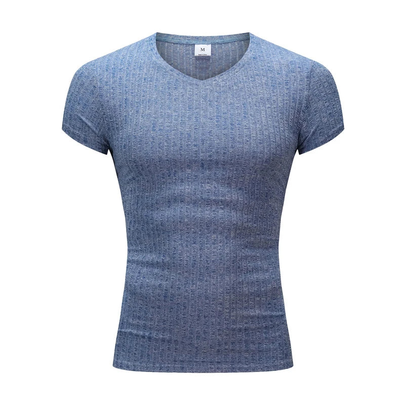 Men V Neck Short Sleeve T Shirt Fitness Slim Fit Sports Strips T-shirt Male Solid Fashion Tees Tops Summer Knitted Gym Clothing.