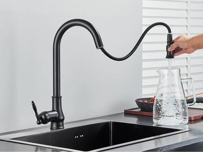 POIQIHY Antique Brass Kitchen Faucet Pull Out Bathroom Kitchen Mixers Single Handle Pull Down Cold Hot Water Tap Deck Mounted