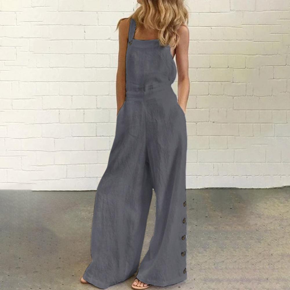 Women Jumpsuit Summer Sleeveless Solid Color Wide Leg Pockets Loose Strappy Playsuit Overall Wide Leg Pockets mono mujer verano.