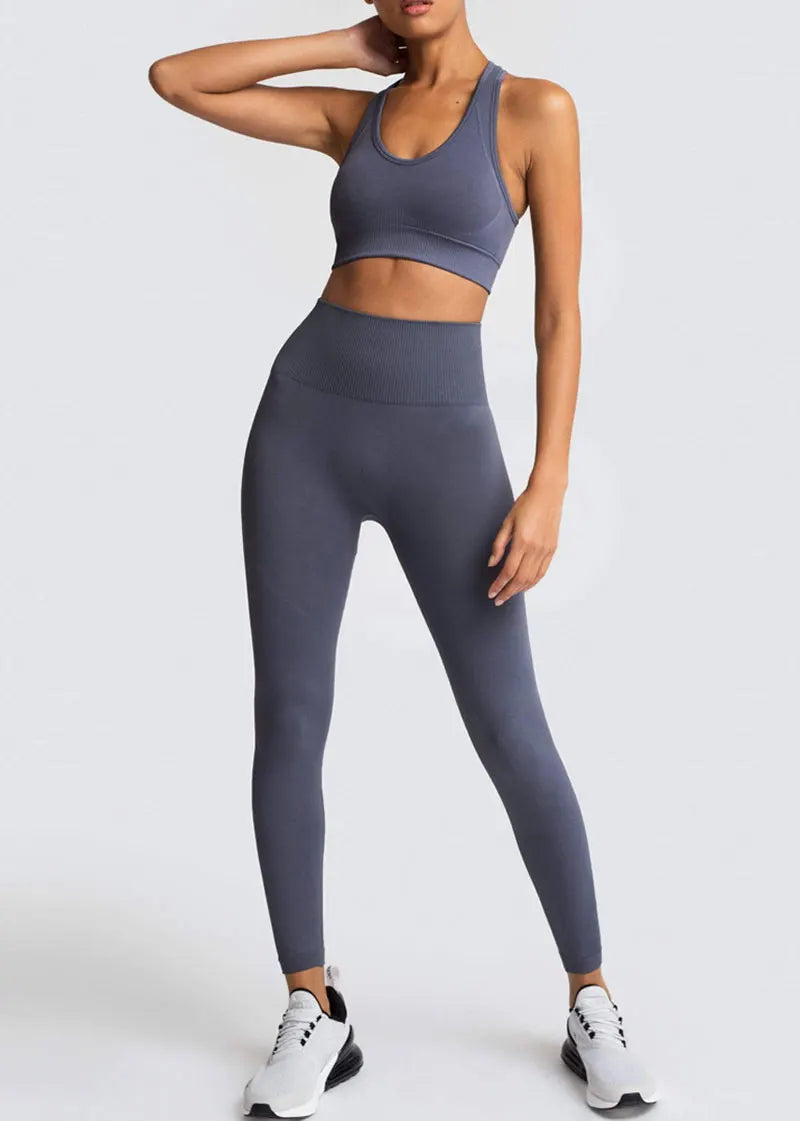 High Waist Elastic Seamless Yoga Wear Women Fitness Clothes Gym Clothing Workout Set Long Sleeve Crop Top Leggings Sports Suit
