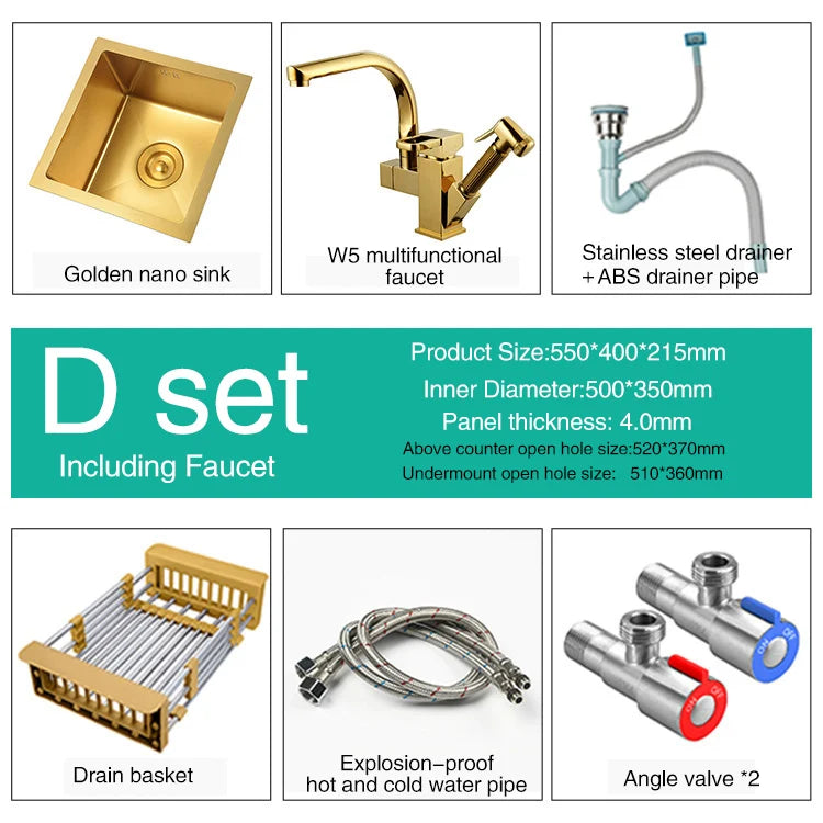 SUS 304 Stainless Steel Luxury Gold Nanometer Island Kitchen Sink Manual Single Bar Counter Mini Kitchen Sinks
