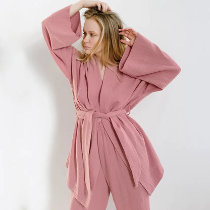 NHKDSASA Kimono Pajamas 2023 New 100% Cotton Crepe Long-Sleeved Trousers Ladies Sleepwear Suit Women's Home Service Mujer