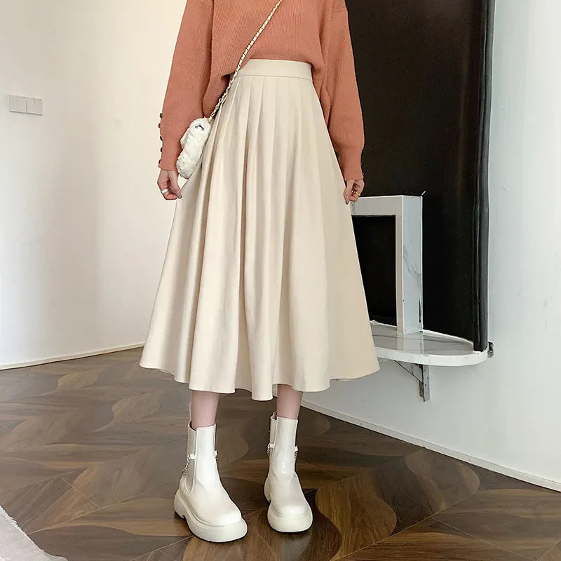 Lucyever Vintage Brown High Waist Pleated Skirt Women Korean Fashion College Style Long Skirt Ladies Autumn Casual A line Skirts.