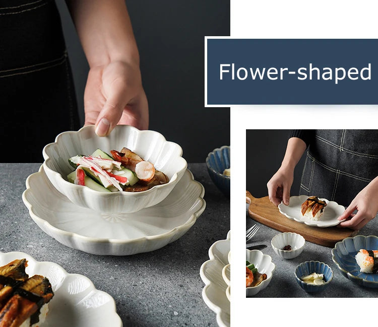 1pc Japanese Dinnerware Ceramic White Blue Dinner Plate Serving Dishes Rice Ramekin Sauce Bowl Microwave Safe.