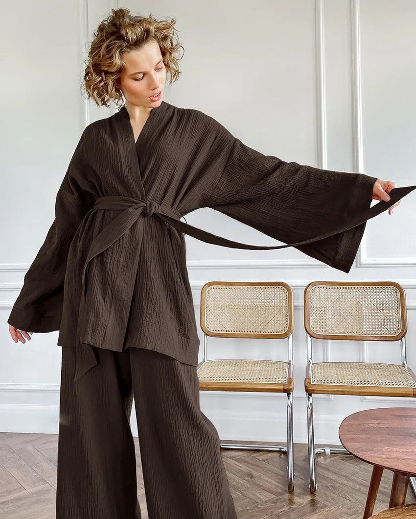 NHKDSASA Kimono Pajamas 2023 New 100% Cotton Crepe Long-Sleeved Trousers Ladies Sleepwear Suit Women's Home Service Mujer