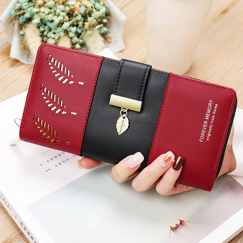 Hollow Leaves PU Leather Women's Long Wallet Fashion Female Coin Purses Hasp Zipper Clutch ID Credit Card Holders Money Bag Clip