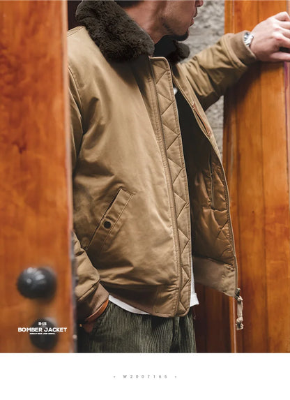 Maden Vintage B15 Bomber Jacket for Men Faux Rabbit Fur Lapel Signature Arm Pocket Winter Thickened Warm Windproof Coat Parkas.