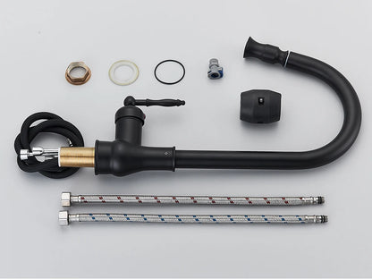 POIQIHY Antique Brass Kitchen Faucet Pull Out Bathroom Kitchen Mixers Single Handle Pull Down Cold Hot Water Tap Deck Mounted