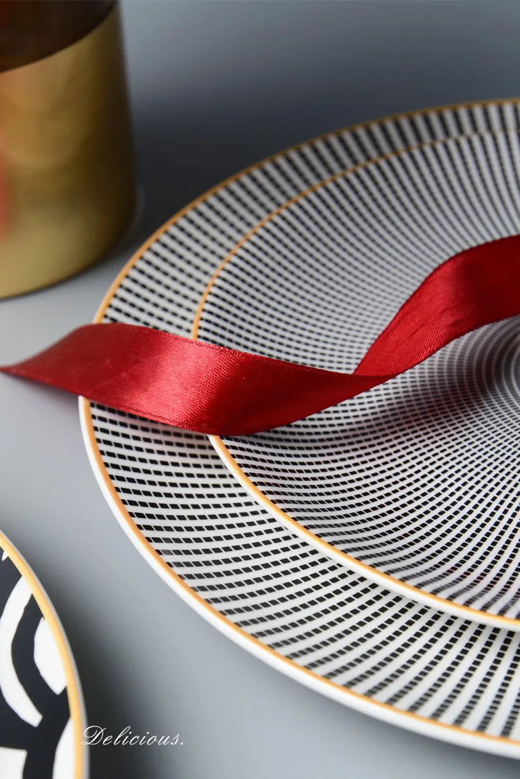 Geometric Design Gold Plating Meal Plate Porcelain Kitchen Dinner Plates Ceramics Food Tray Salad Dish 6/8/10 Inch 1Pcs.