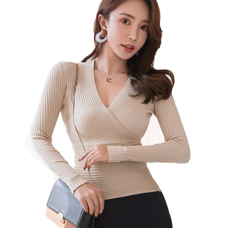 Kurze Grundlegende Pullover Frauen 2023 Sexy Tiefem V-ausschnitt Pullover frauen Pullover Schlank Bodenbildung Pullover Weibliche Elastische Baumwolle Tops.