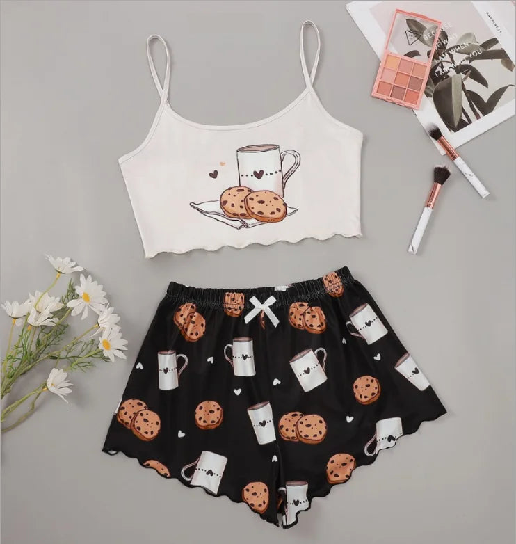 Heiße Damen-Nachtwäsche, süßer Cartoon-Druck, kurzes Set, Pyjama für Damen, Pyjama-Set, süßes Kurzarm-V-Ausschnitt und Shorts, Sommer-Pyjama