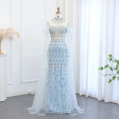 Jancember SZ096 Wholesale Illusal Lace Long Gown Women Party Plus Size Fashion Elegant Light Blue Evening Dress.