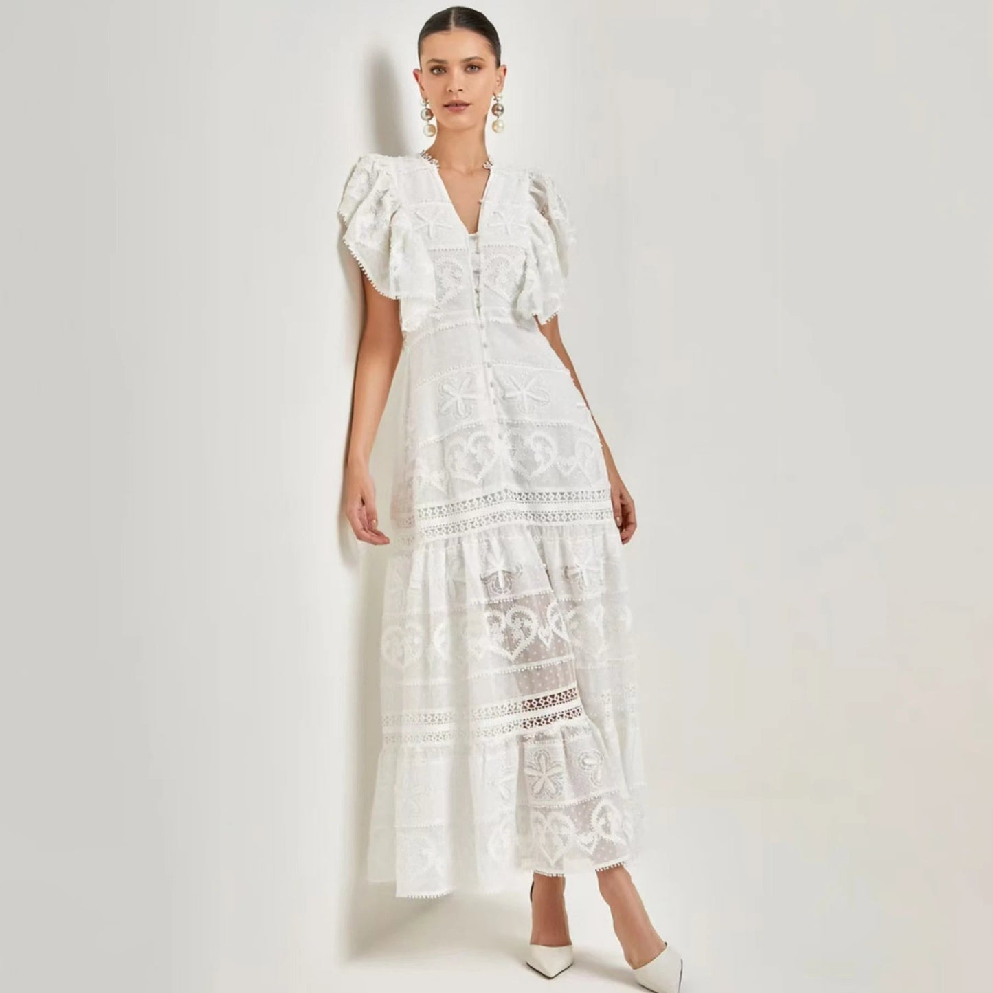 New Summer Elegant Embroidered Flowers Lotus Sleeves V-neck Woman Dress Lady Cotton Casual Dress.