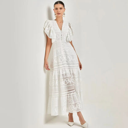 New Summer Elegant Embroidered Flowers Lotus Sleeves V-neck Woman Dress Lady Cotton Casual Dress.