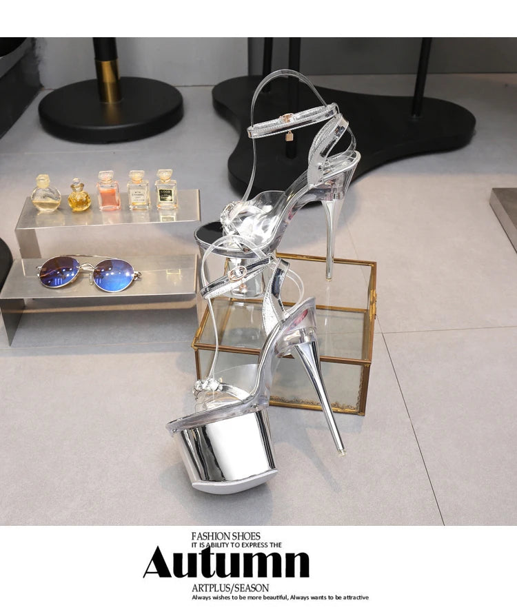 Sexy High Heels For Ladies Modern Sandals Electroplated Heel Women Shoes 2023 New Clear Peep Toe DRESS Crystal Shoes Size 43.