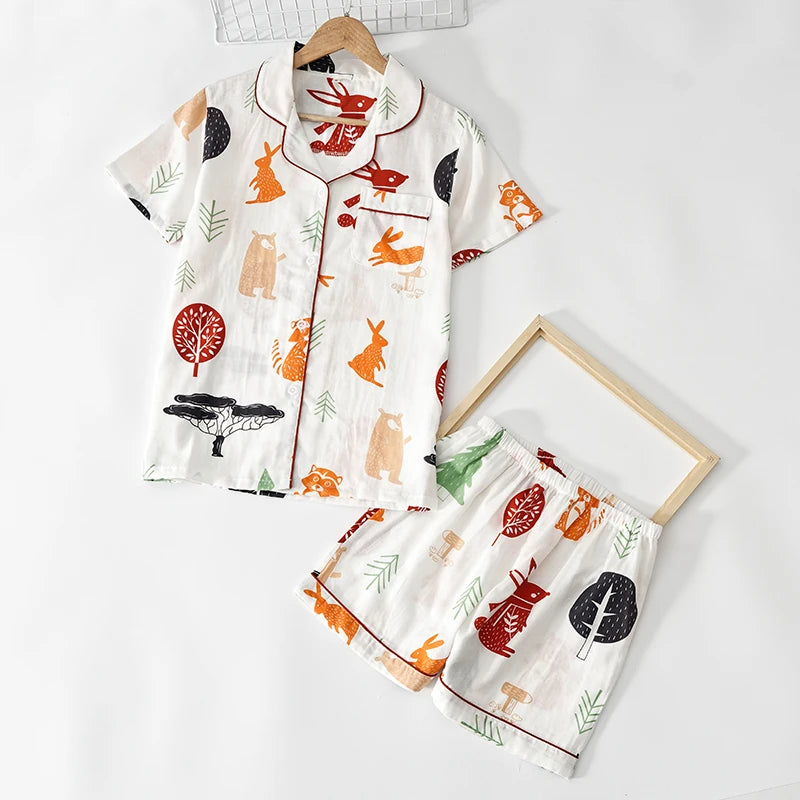 Japanische einfache kurze Pyjamas Frauen 100 % Baumwolle kurze Ärmel Damen Pyjama Sets Shorts süße Cartoon Nachtwäsche Frauen Homewear.