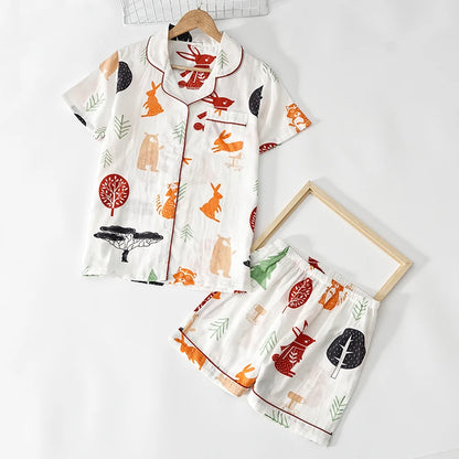 Japanische einfache kurze Pyjamas Frauen 100 % Baumwolle kurze Ärmel Damen Pyjama Sets Shorts süße Cartoon Nachtwäsche Frauen Homewear.