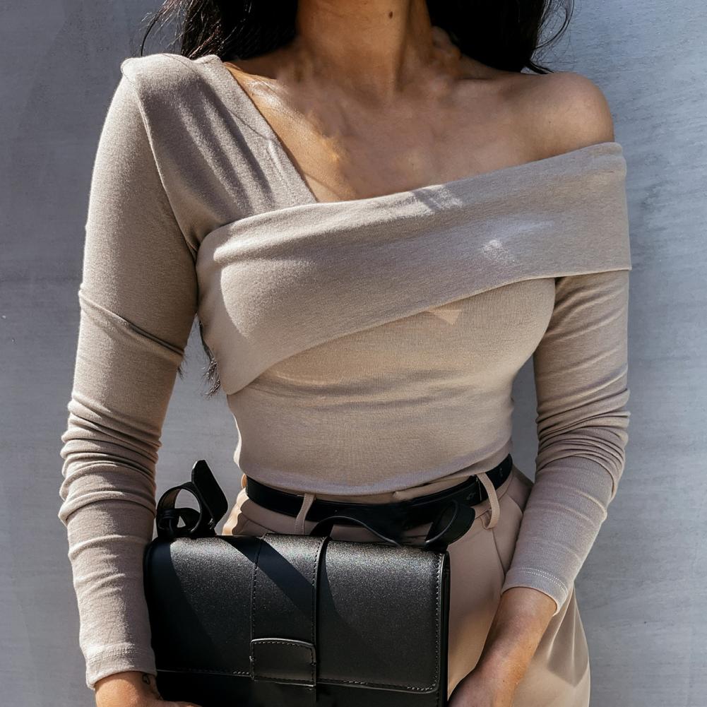 Women Autumn Winter T shirt Off Shoulder Oblique Neck Strapless Backless Long Sleeve Solid Color Ladies Slim Shirt femme.