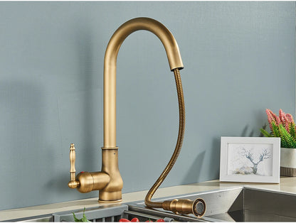 POIQIHY Antique Brass Kitchen Faucet Pull Out Bathroom Kitchen Mixers Single Handle Pull Down Cold Hot Water Tap Deck Mounted