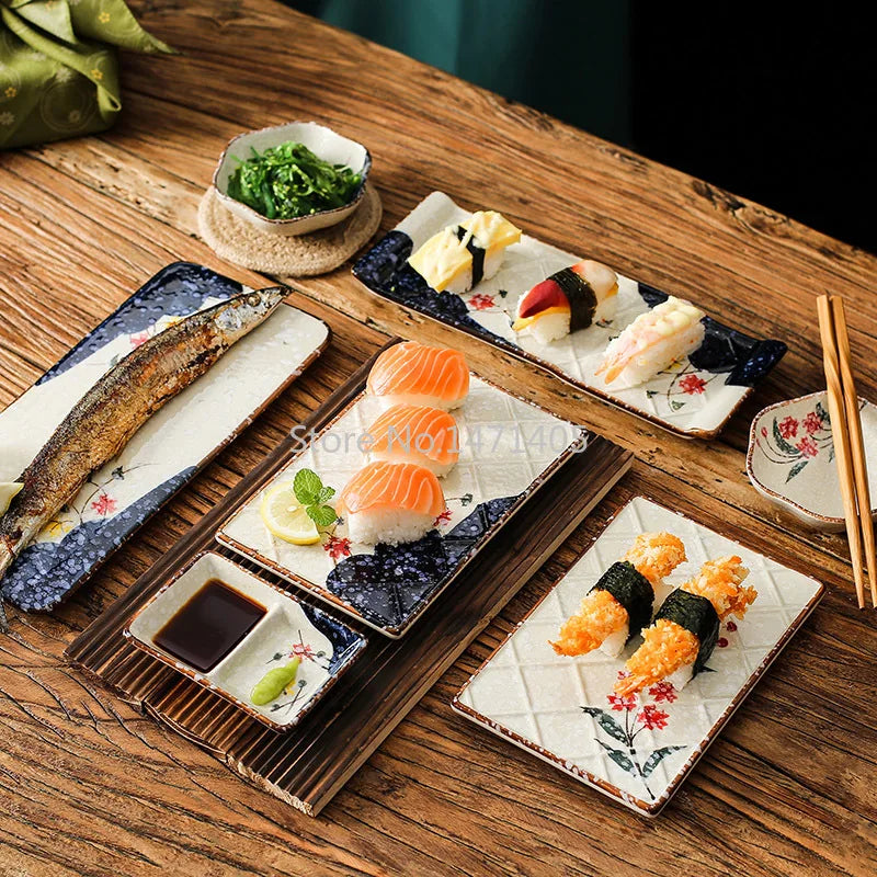 Japanese Style Set Tableware Cuisine Restaurant Commercial Retro Plate Rectangular Ceramic Net Red Tray Sushi Plate Dish.