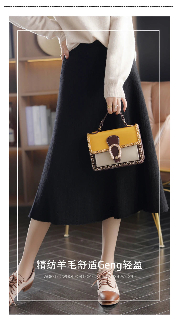2025 Autumn New High-Waist 100%Pure Wool Pleated Long Skirt Women's Knit Base Skirt Fashion Pack Hip A-Line Cashmere Large Skirt.
