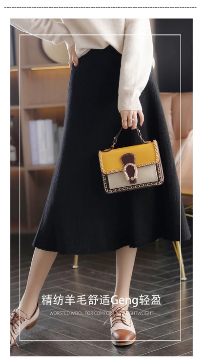 2025 Autumn New High-Waist 100%Pure Wool Pleated Long Skirt Women's Knit Base Skirt Fashion Pack Hip A-Line Cashmere Large Skirt.
