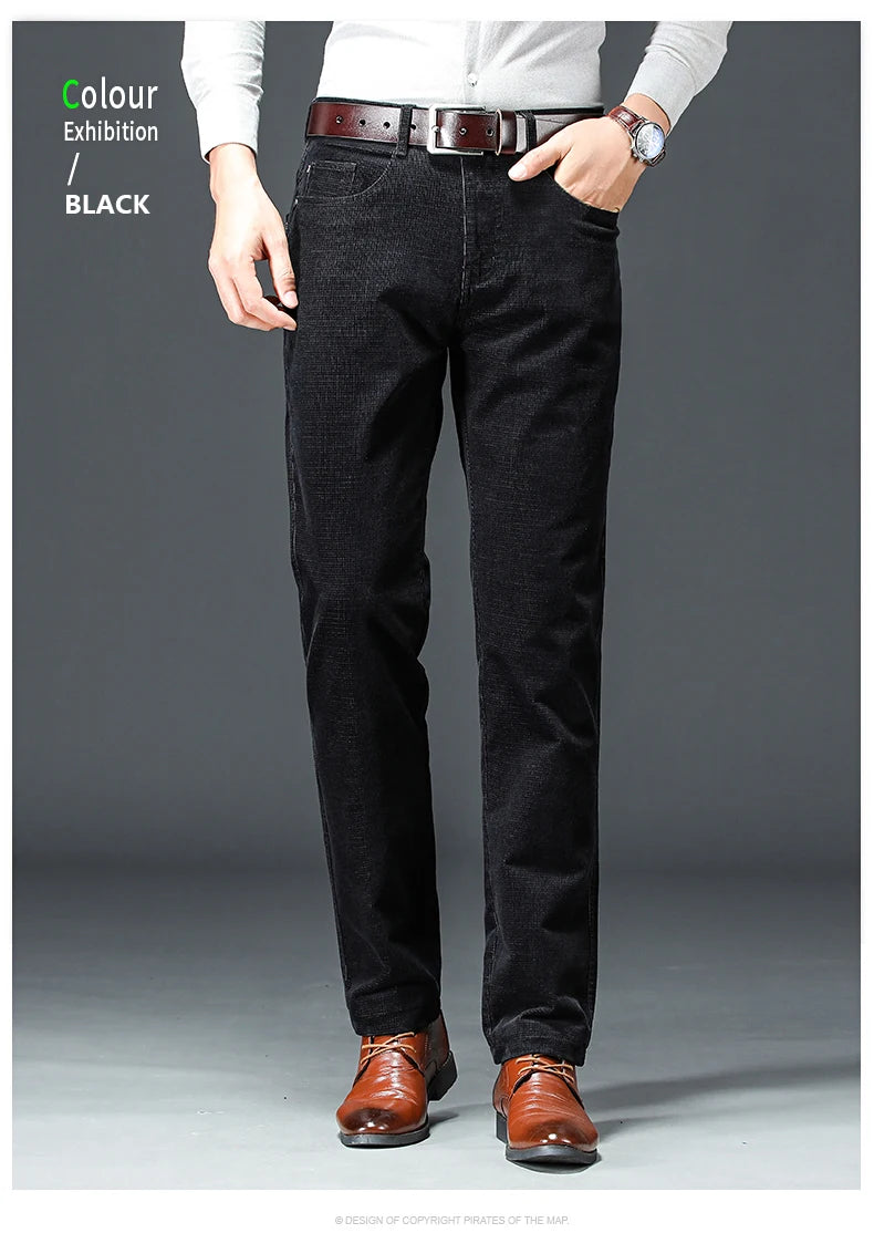 Spring Autumn New Men Pants Corduroy Fabric Comfortable Soft Casual Business Office Male Trousers Khaki Apricot Black Blue.