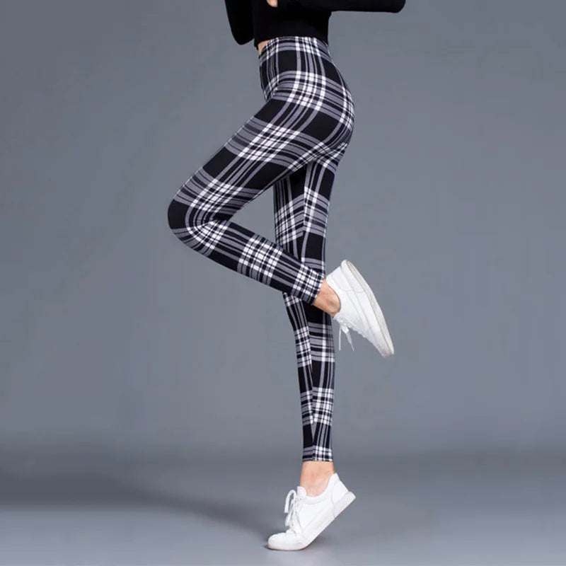 CUHAKCI Mode Plaid Druck Leggings Frauen Sexy Fitness Leggins Grid Floral Streifen Hosen Hohe Taille Bleistift Hosen.