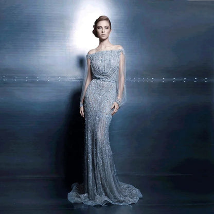 PEV-L3058 Luxury Heavy Beaded Party Gowns See Through Long Sleeve Customized Sexy Off Shoulder Evening Dress From Istanbul.