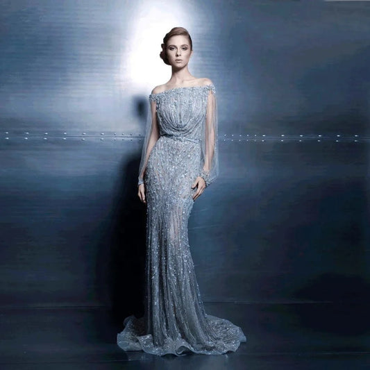 PEV-L3058 Luxury Heavy Beaded Party Gowns See Through Long Sleeve Customized Sexy Off Shoulder Evening Dress From Istanbul.