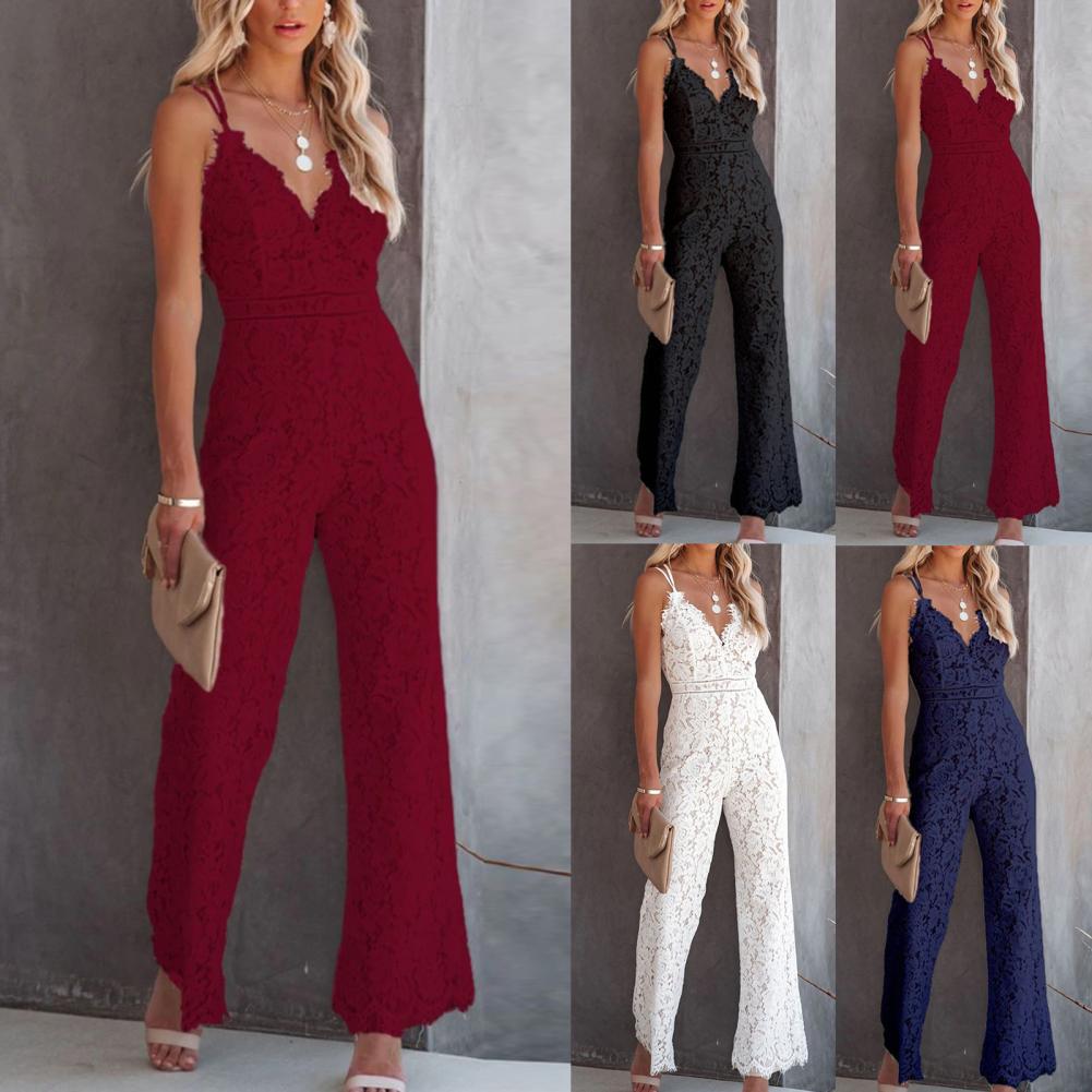 Solid Lace Jumpsuits Women Sleeveless Romper High Waist V-Neck Wide Leg Playsuits and Jumpsuit Women bodysuit Combinaison femme.