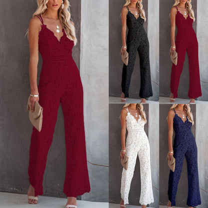 Solid Lace Jumpsuits Women Sleeveless Romper High Waist V-Neck Wide Leg Playsuits and Jumpsuit Women bodysuit Combinaison femme.