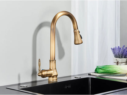 POIQIHY Antique Brass Kitchen Faucet Pull Out Bathroom Kitchen Mixers Single Handle Pull Down Cold Hot Water Tap Deck Mounted